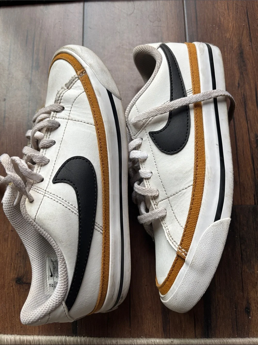 Nike Court Legacy White Sneakers with Black Swoosh and Tan Accent (US 4Y)